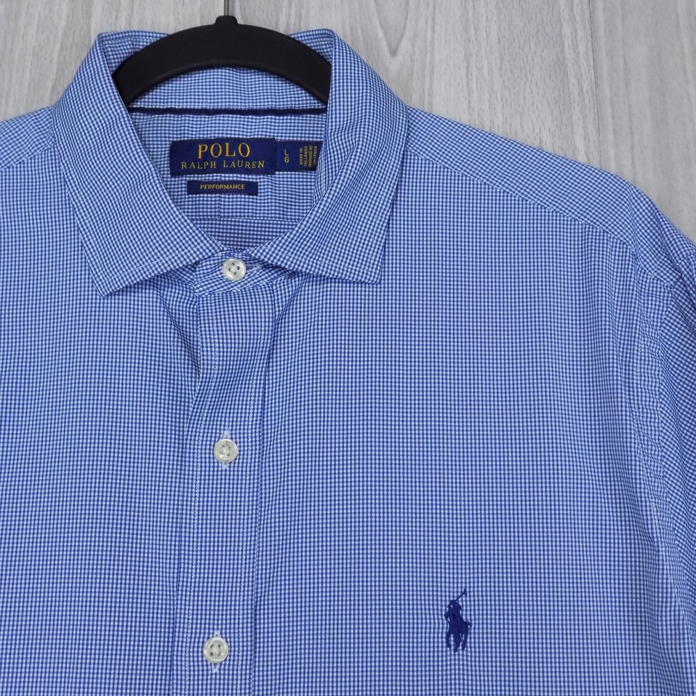 Polo Ralph Lauren Performance Button Down Shirt Mens L Blue Gingham EUC